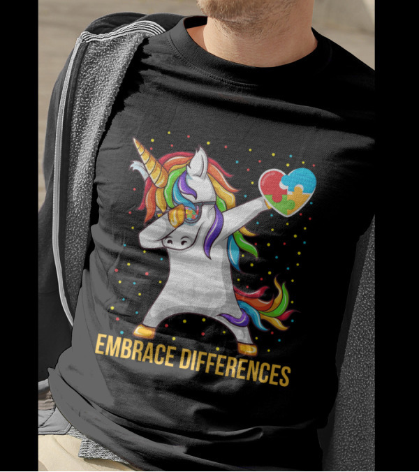Embrace Differences Autism Awareness Dabbing Unicorn Heart Puzzle Piece T-Shirt