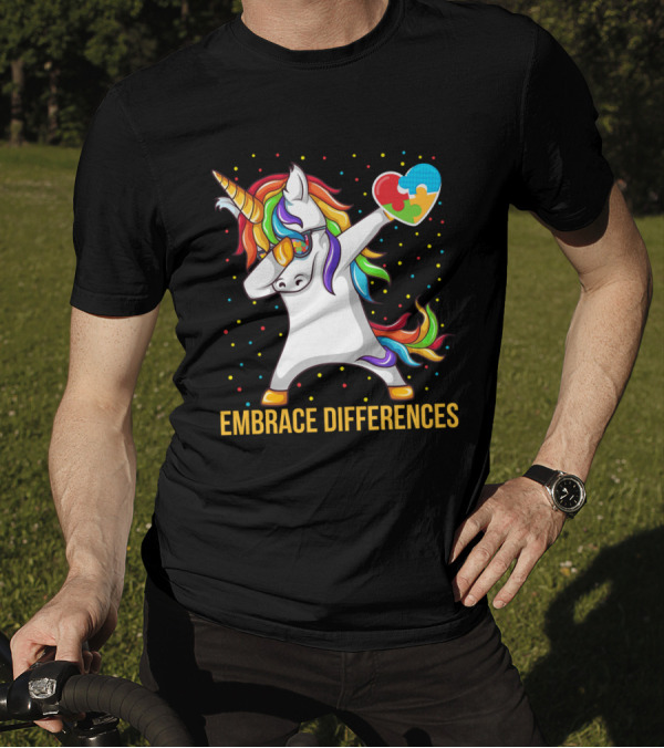 Embrace Differences Autism Awareness Dabbing Unicorn Heart Puzzle Piece T-Shirt