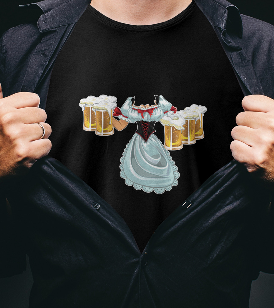Dirndl Fraulein Oktoberfest Costume With Beer Mugs T-Shirt