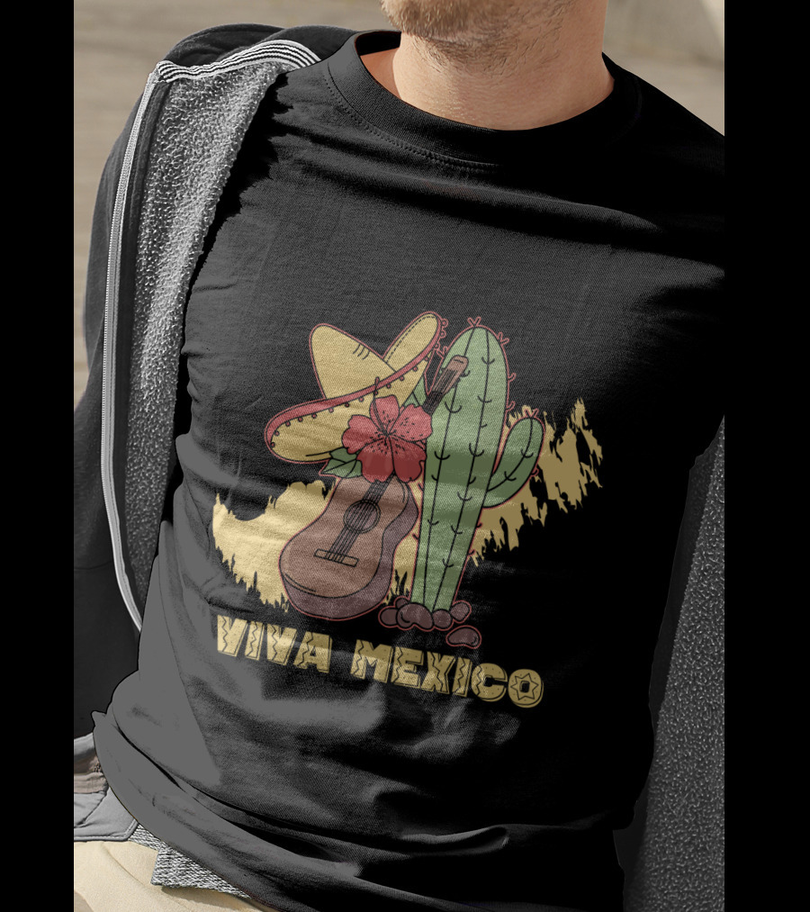 Viva Mexico Sombrero Guitar Cactus Flower T-Shirt