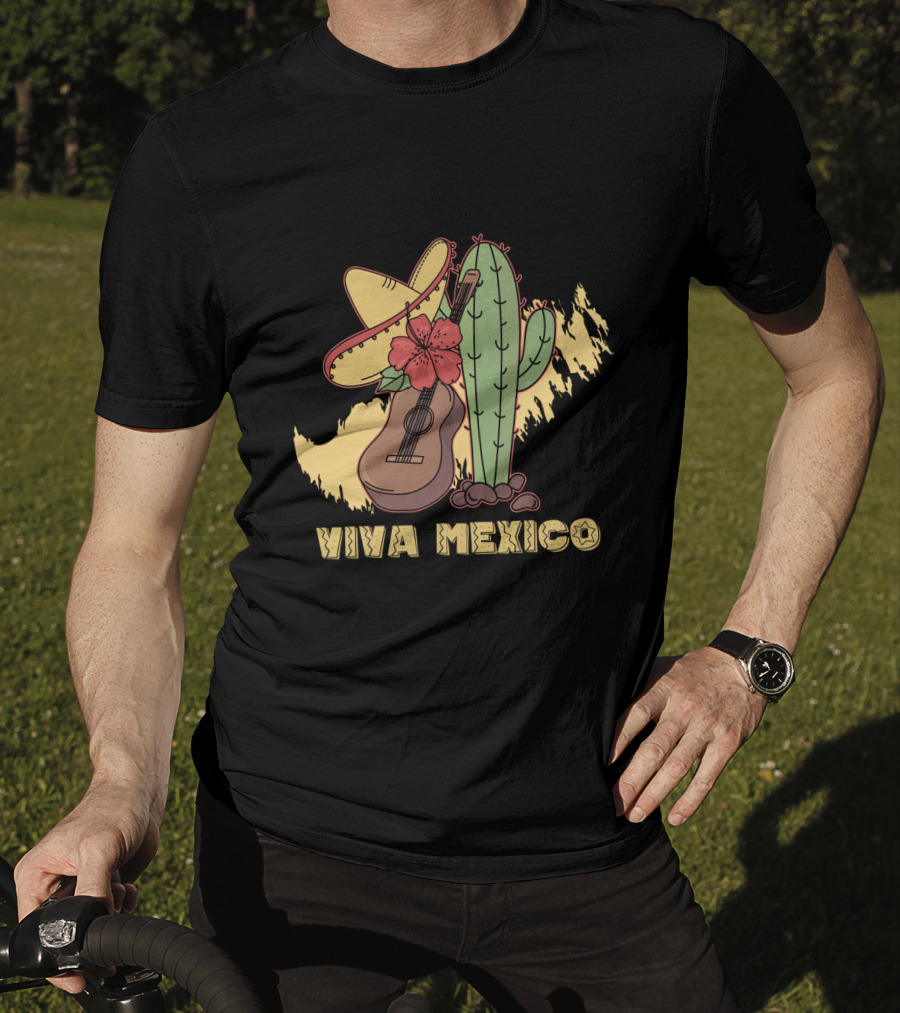 Viva Mexico Sombrero Guitar Cactus Flower T-Shirt
