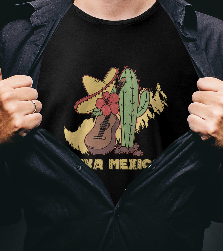 Viva Mexico Sombrero Guitar Cactus Flower T-Shirt