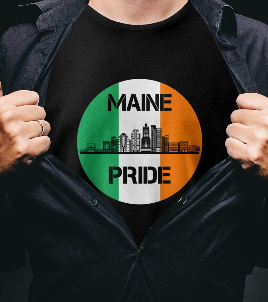 Maine Pride City Skyline With Irish Flag Colors Maine T-Shirt