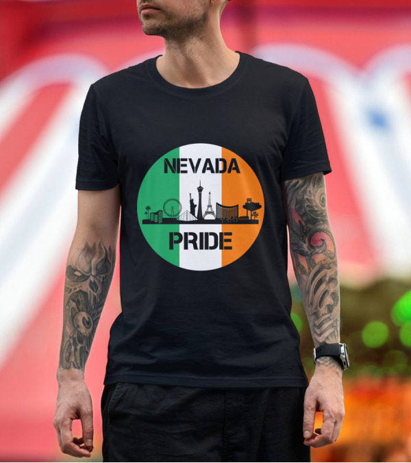 Premium T-Shirt: Nevada Pride Skyline with Irish Flag Colors and Iconic Landmarks T-Shirt Nevada Pride Skyline with Irish Flag Colors and Iconic Landmarks T-Shirt