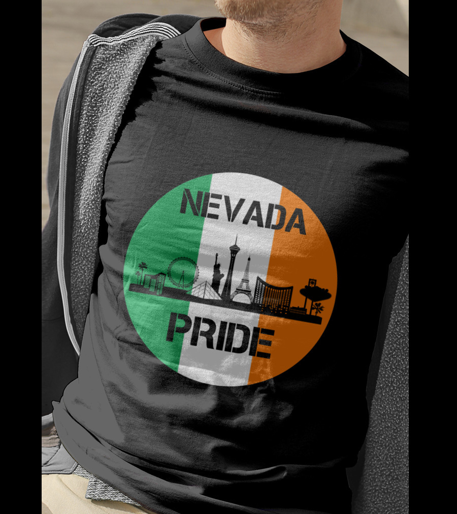 Nevada Pride Skyline With Irish Flag Colors And Iconic Landmarks T-Shirt