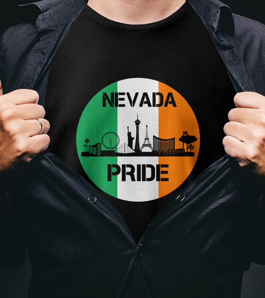 Nevada Pride Skyline With Irish Flag Colors And Iconic Landmarks T-Shirt
