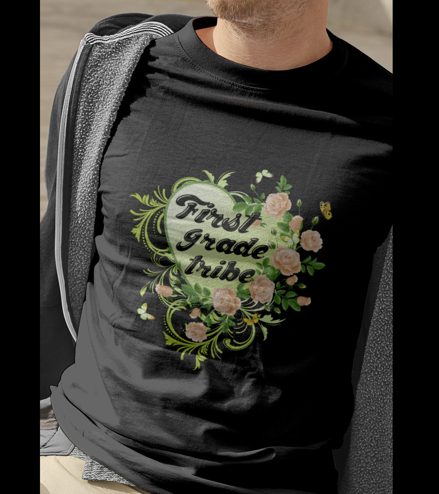First Grade Tribe Floral Heart Butterfly Womens Teacher T-Shirt