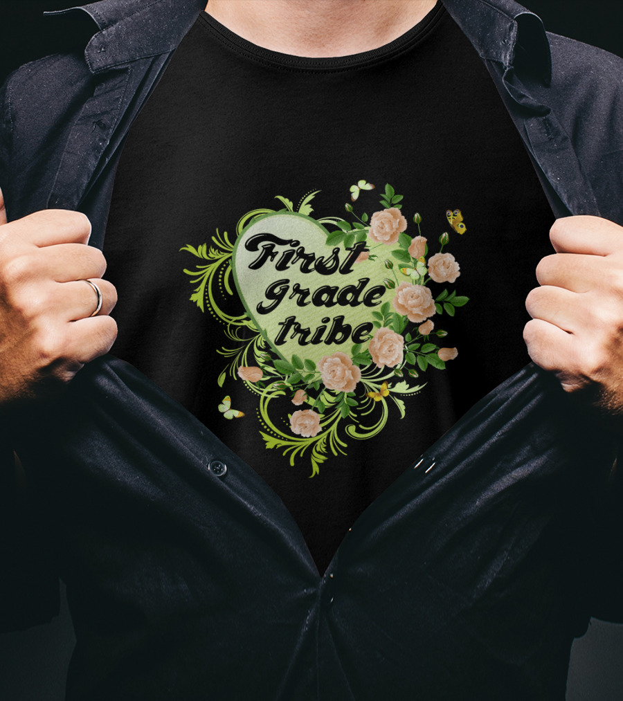 First Grade Tribe Floral Heart Butterfly Womens Teacher T-Shirt