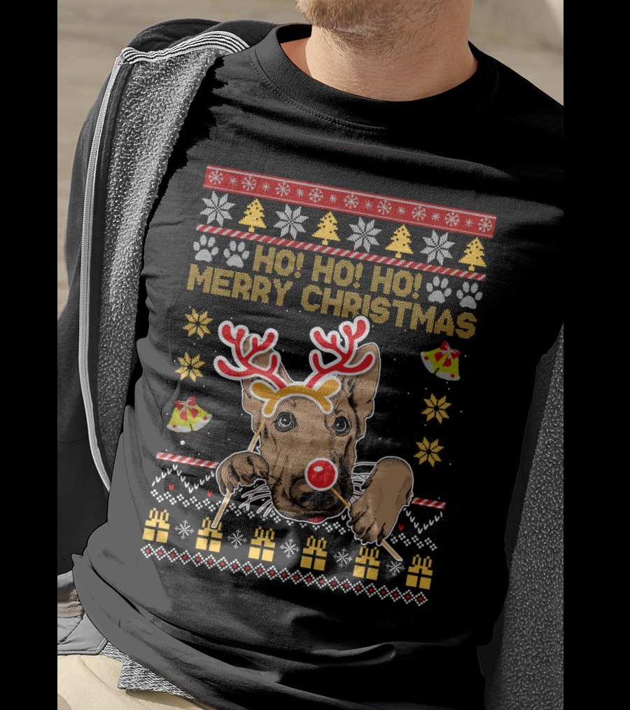 HO HO HO Merry Christmas German Shepherd Reindeer Antlers Ugly Sweater Style Holiday Bells Presents Snowflakes T-Shirt