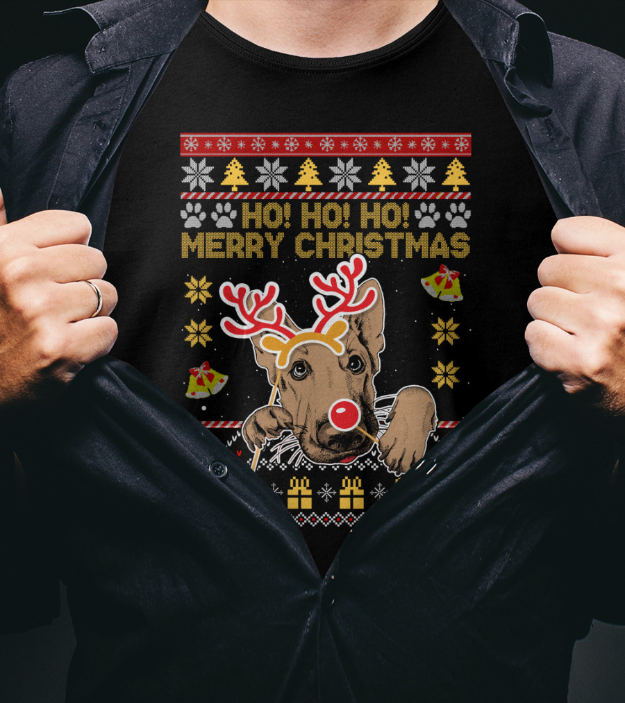 HO HO HO Merry Christmas German Shepherd Reindeer Antlers Ugly Sweater Style Holiday Bells Presents Snowflakes T-Shirt