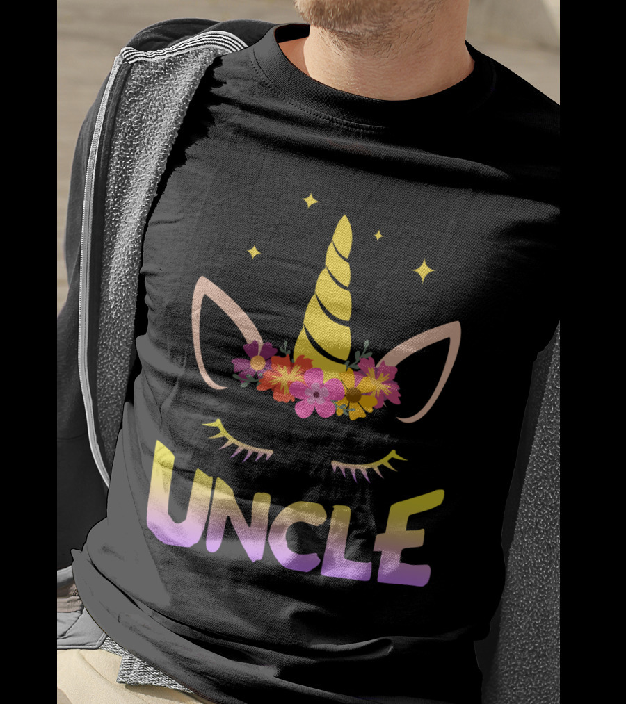 Unicorn Floral Horn Uncle Birthday Funny Stars T-Shirt