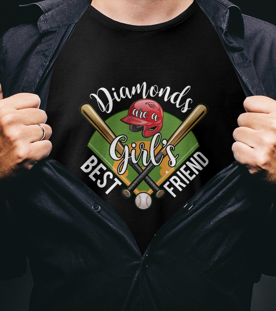 Diamonds Are A Girl's Best Friend Baseball Theme With Bats, Red Helmet, And Field T-Shirt