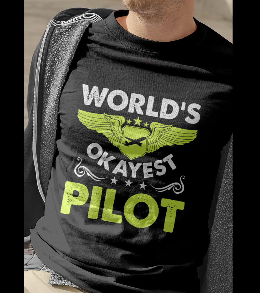 WORLD'S OKAYEST PILOT Wing Emblem Stars T-Shirt