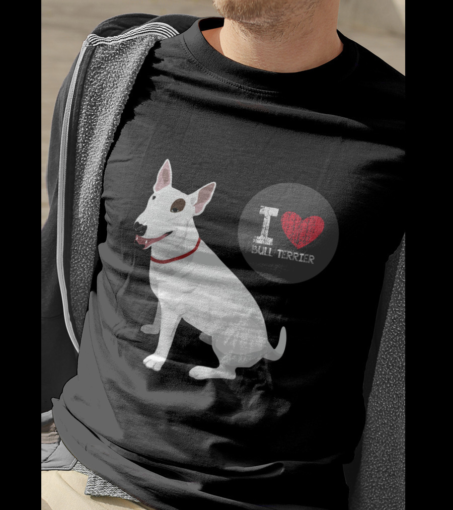 I Love Bull Terrier White Dog Sitting With Red Collar T-Shirt