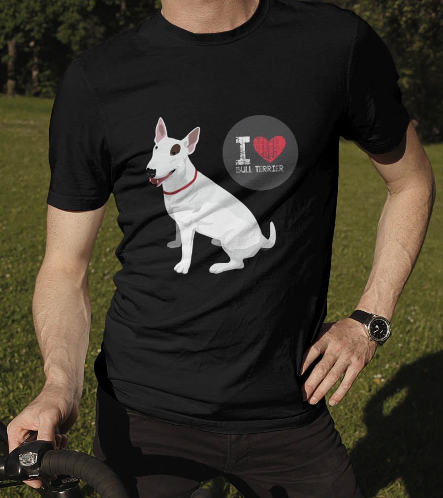 I Love Bull Terrier White Dog Sitting With Red Collar T-Shirt