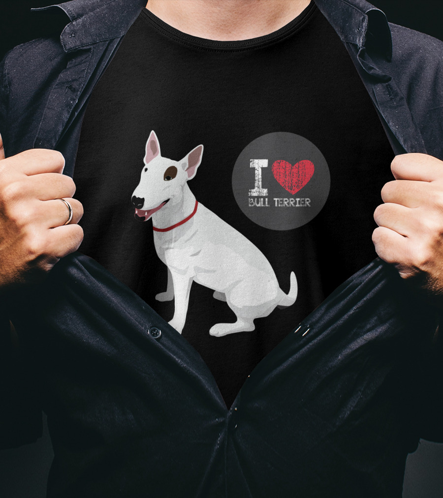 I Love Bull Terrier White Dog Sitting With Red Collar T-Shirt