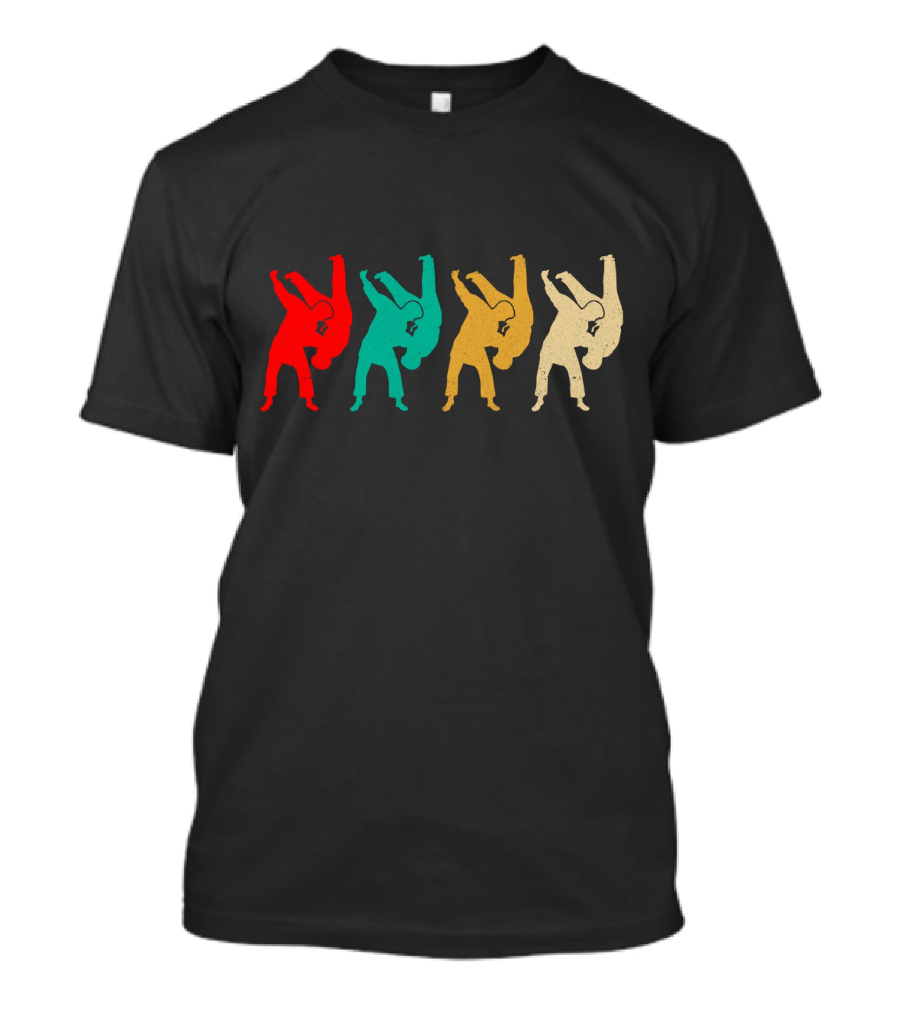 Vintage Judo Throw Silhouettes Red Teal Yellow Beige T-Shirt