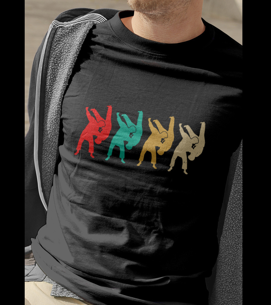 Vintage Judo Throw Silhouettes Red Teal Yellow Beige T-Shirt