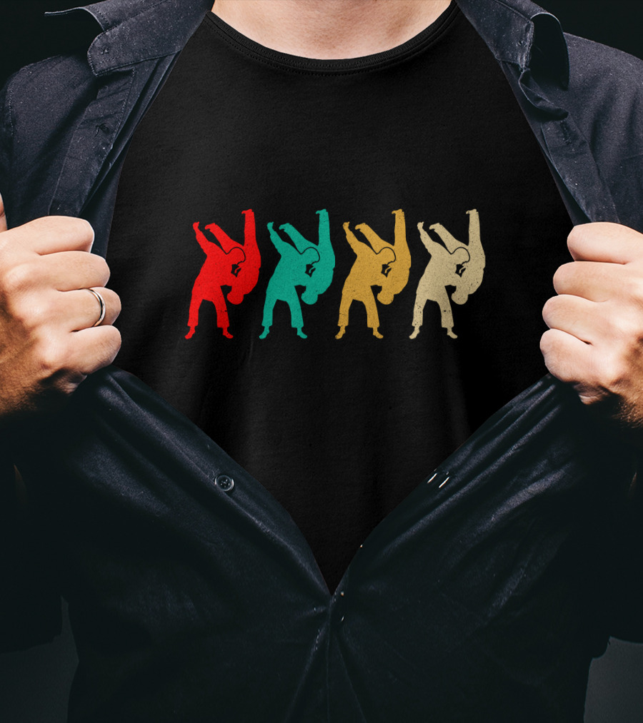 Vintage Judo Throw Silhouettes Red Teal Yellow Beige T-Shirt