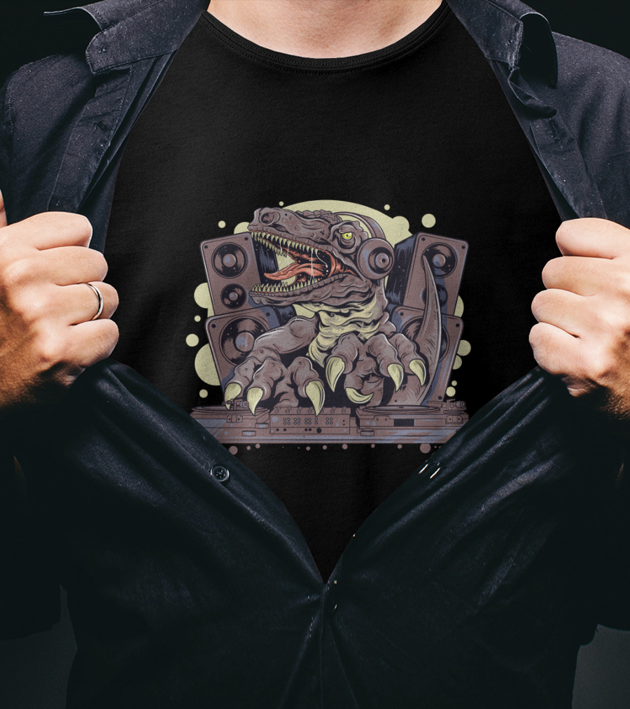 Dinosaur T-Rex DJ With Headphones And Speakers Music Party T-Shirt