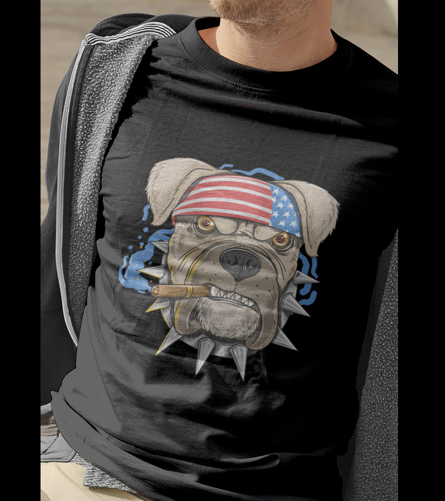 Pit Bull Dog American Punk Head Spiked Collar Patriotic Bandana Cigar T-Shirt