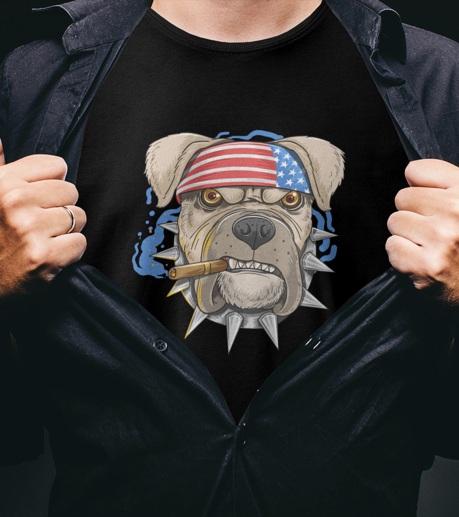 Pit Bull Dog American Punk Head Spiked Collar Patriotic Bandana Cigar T-Shirt
