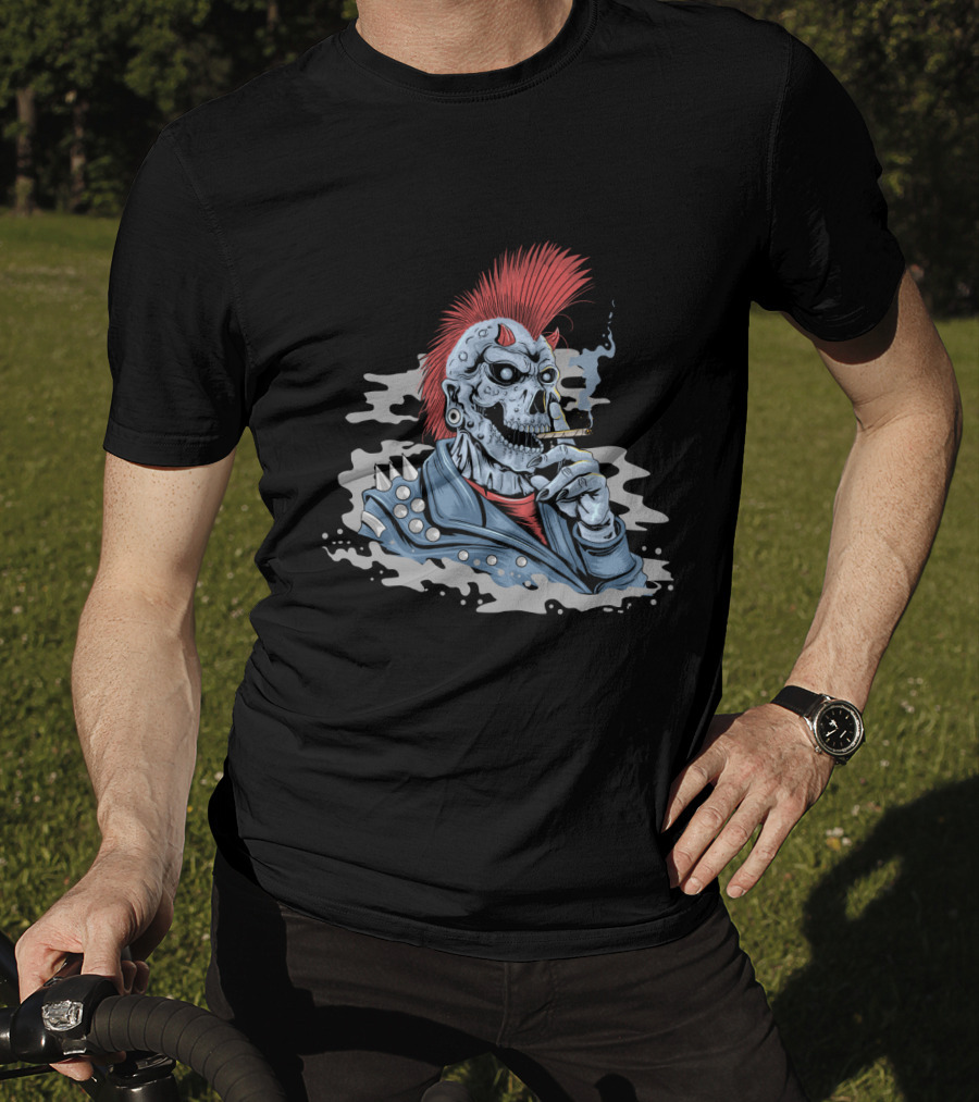 Skull Punk Mohawk With Spiked Leather And Smoking Cigarette T-Shirt
