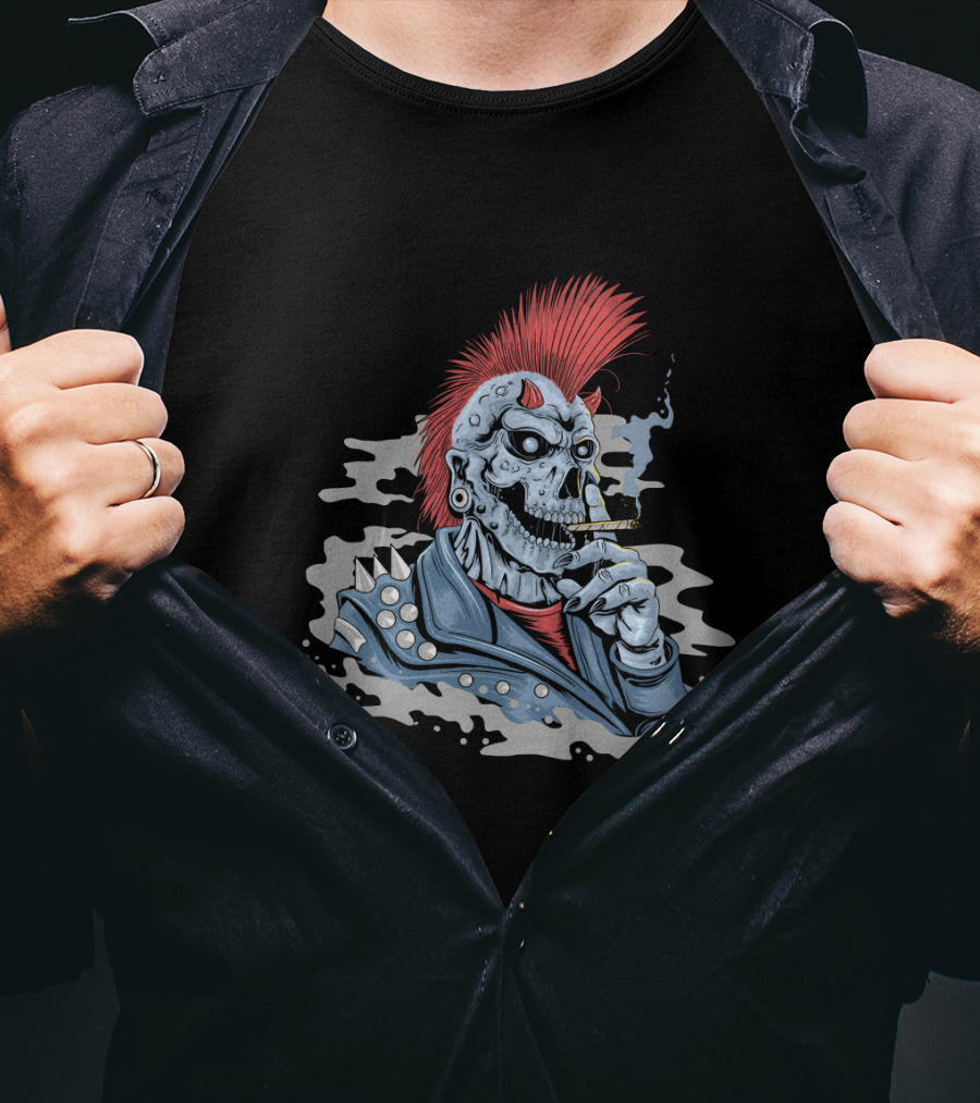 Skull Punk Mohawk With Spiked Leather And Smoking Cigarette T-Shirt