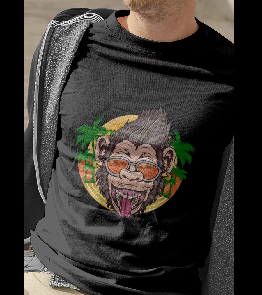 Funny Chimpanzee Sunglasses Tropical Sunset T-Shirt