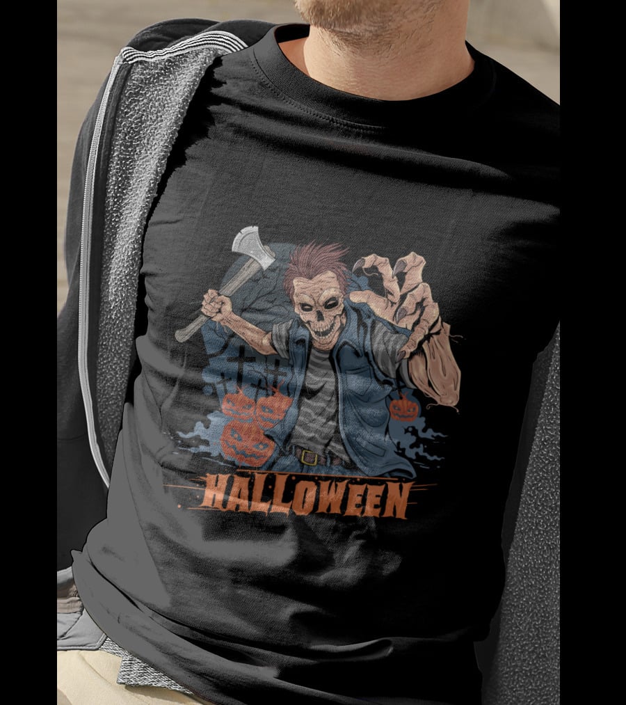 Halloween Funny Zombie With Axe And Pumpkins T-Shirt