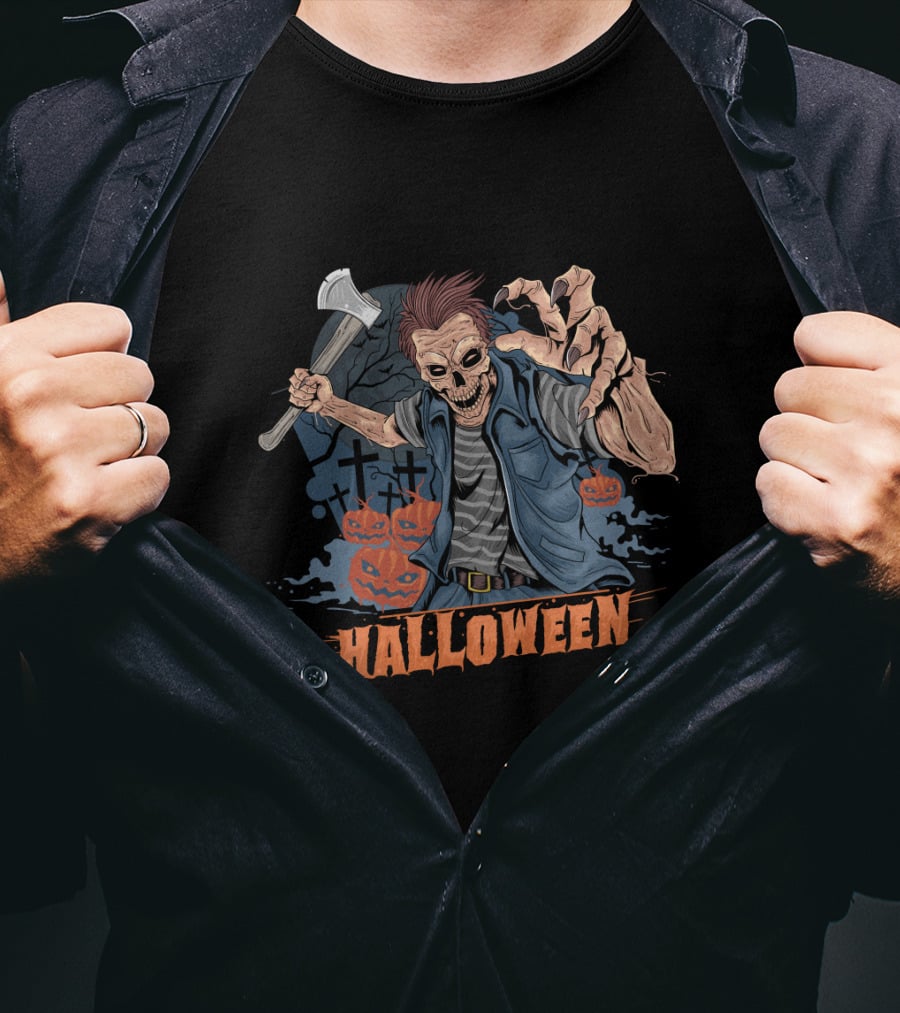 Halloween Funny Zombie With Axe And Pumpkins T-Shirt