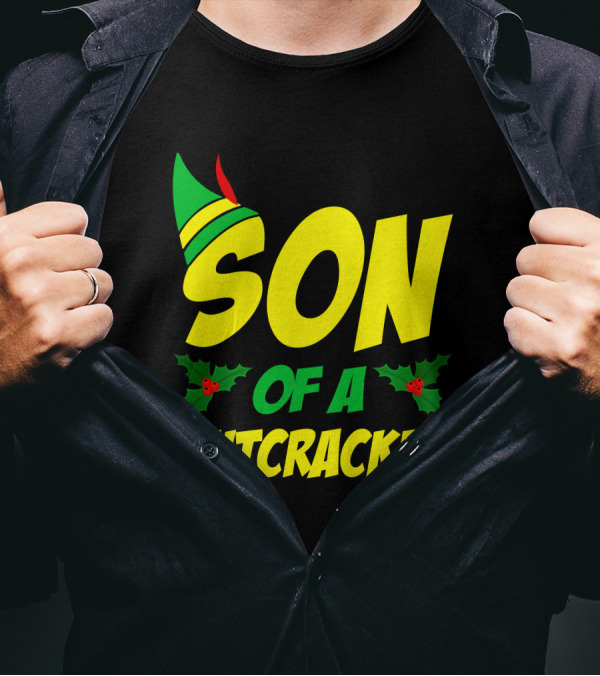 SON OF A NUTCRACKER Christmas Elf Hat Holly T-Shirt