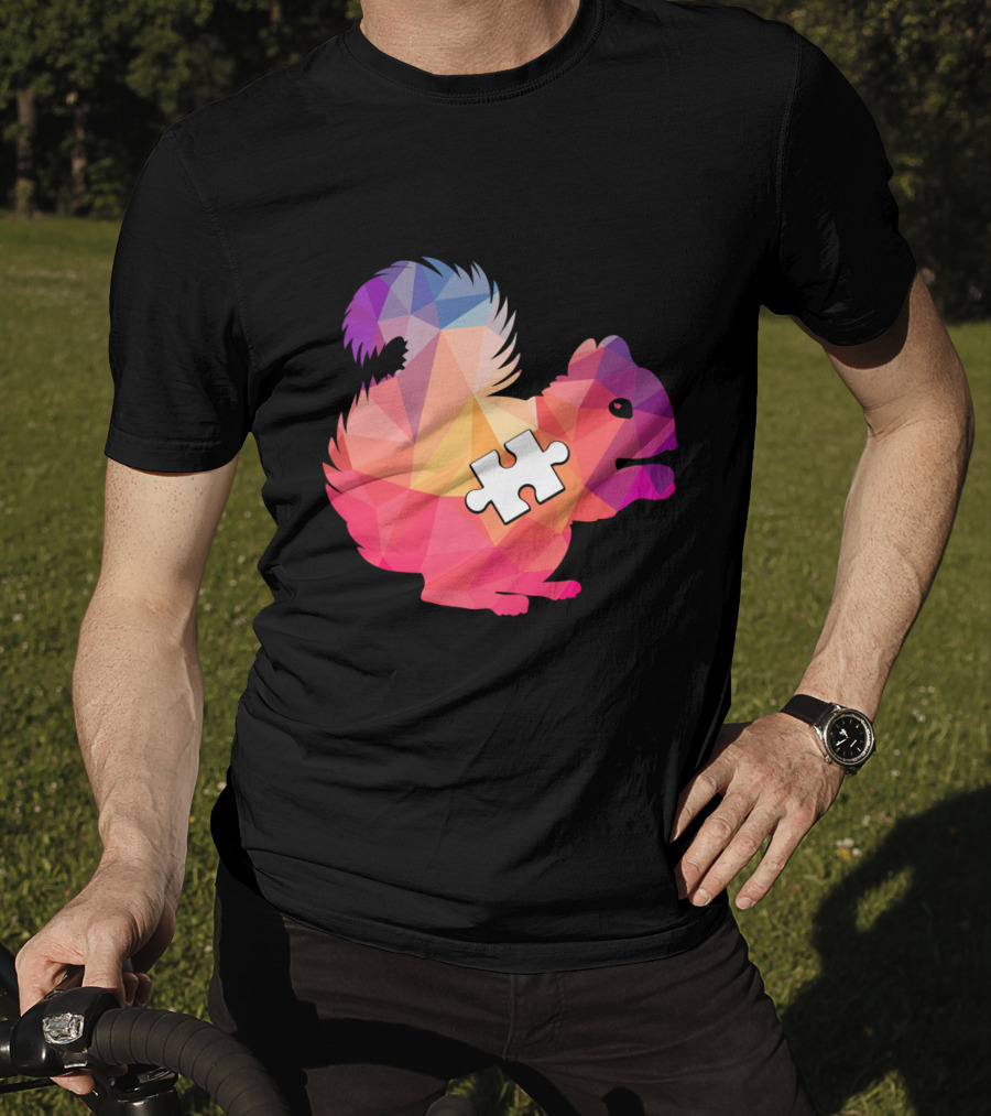 Squirrel Autism Awareness Puzzle Piece Geometric Multicolor T-Shirt