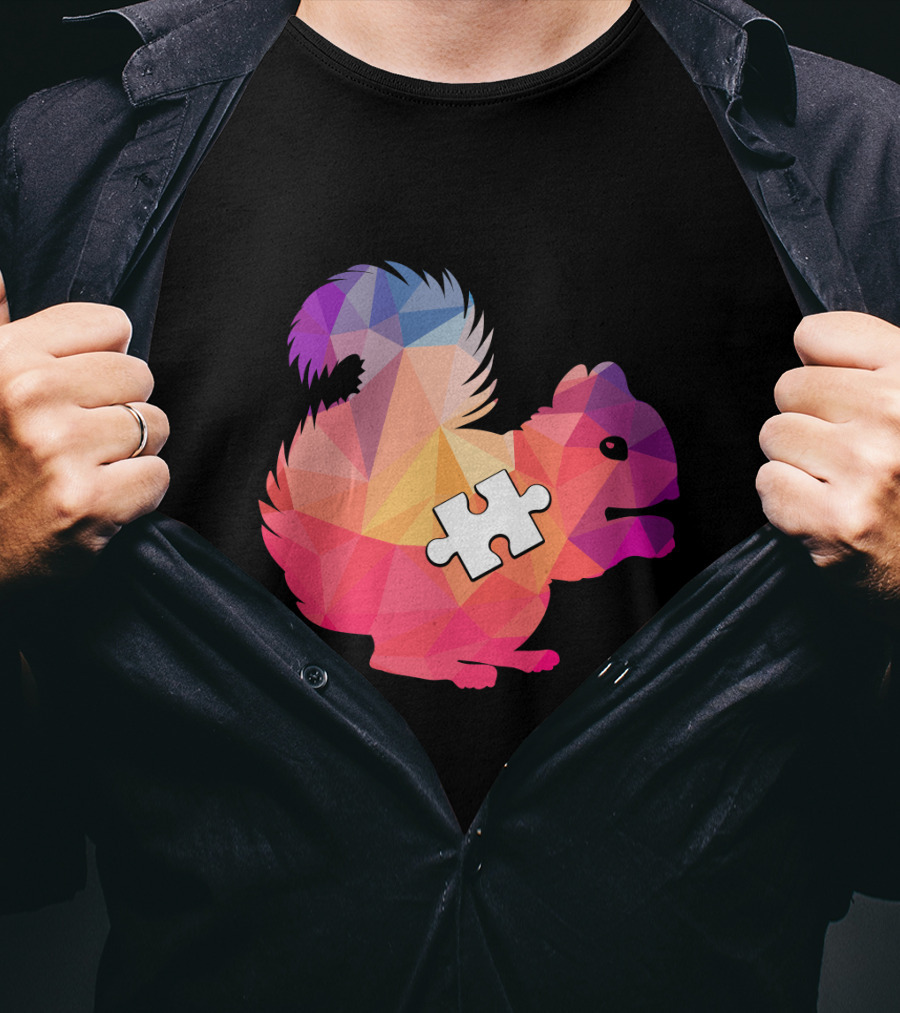 Squirrel Autism Awareness Puzzle Piece Geometric Multicolor T-Shirt
