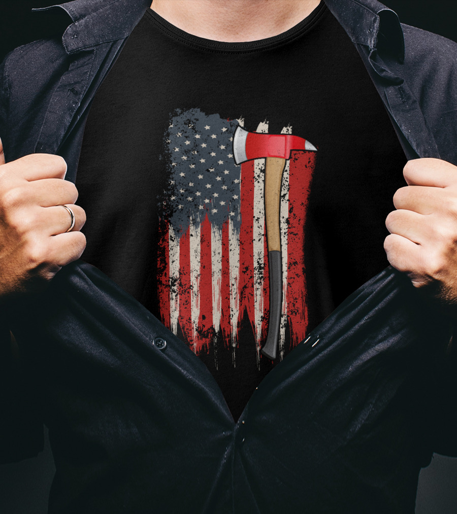 American Flag Themed Firefighter Axe Symbolizing Patriotism T-Shirt