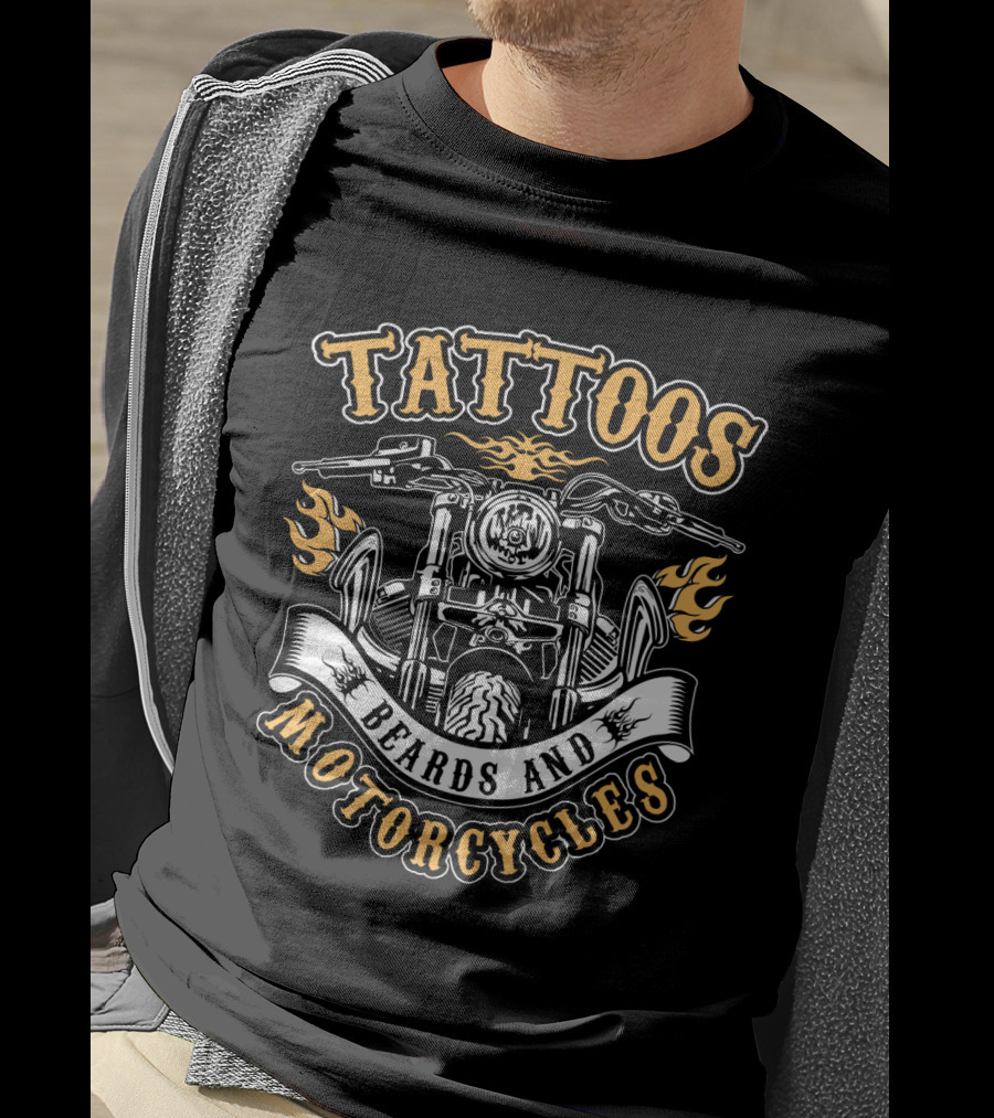 Tattoos Beards And Motorcycles Tattooed Bearded Biker Flames Banners T-Shirt