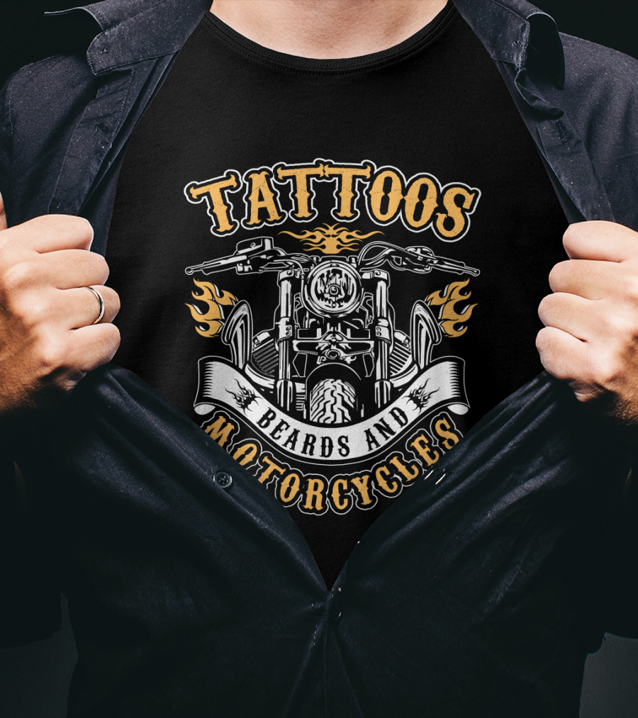 Tattoos Beards And Motorcycles Tattooed Bearded Biker Flames Banners T-Shirt