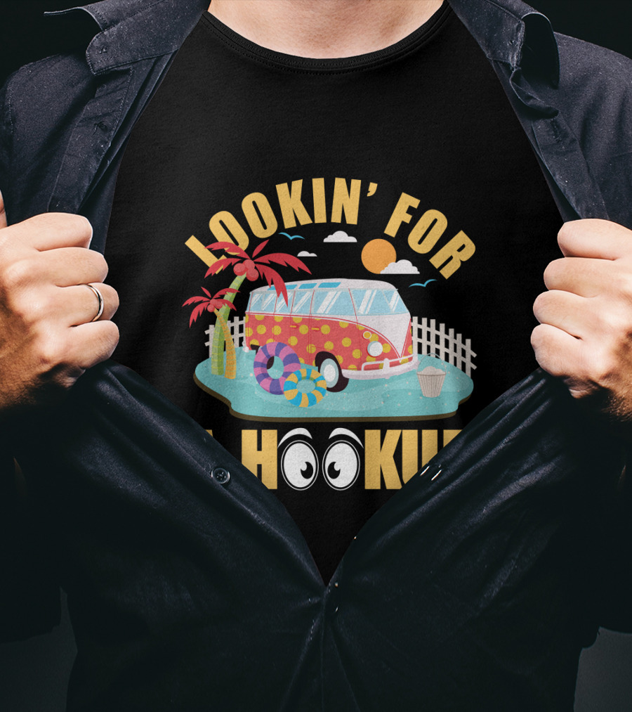 Lookin' For A Hookup Camper Van Beach Scene With Palm Tree And Sun T-Shirt