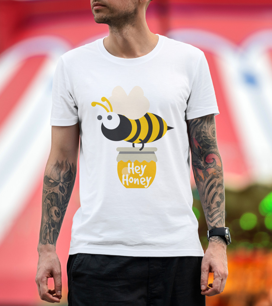 Hey Honey Fun Bee Yellow Striped Cartoon Bee On Honey Jar T-Shirt