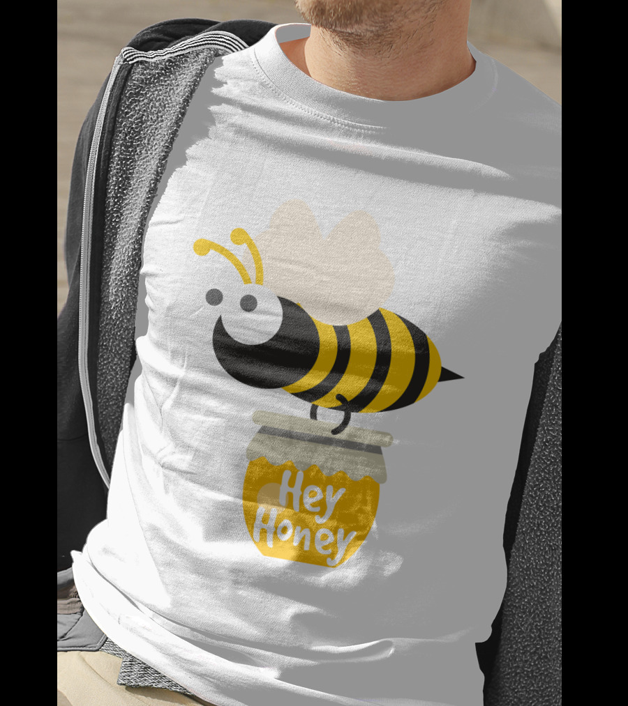 Hey Honey Fun Bee Yellow Striped Cartoon Bee On Honey Jar T-Shirt