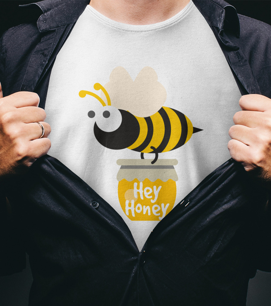 Hey Honey Fun Bee Yellow Striped Cartoon Bee On Honey Jar T-Shirt