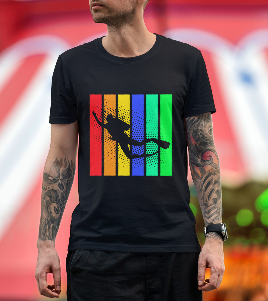 Retro Snorkeling Diver Silhouette Rainbow Stripes T-Shirt