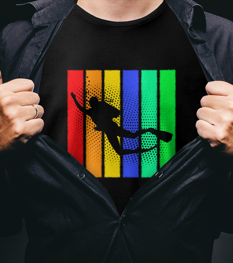 Retro Snorkeling Diver Silhouette Rainbow Stripes T-Shirt