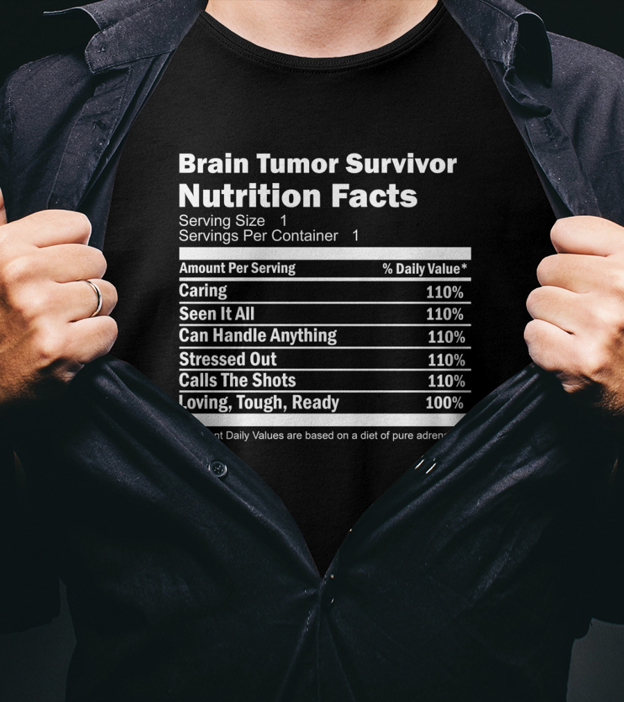 Brain Tumor Survivor Nutrition Facts Caring Seen It All Can Handle Anything Stressed Out Calls The Shots Loving Tough Ready T-Shirt