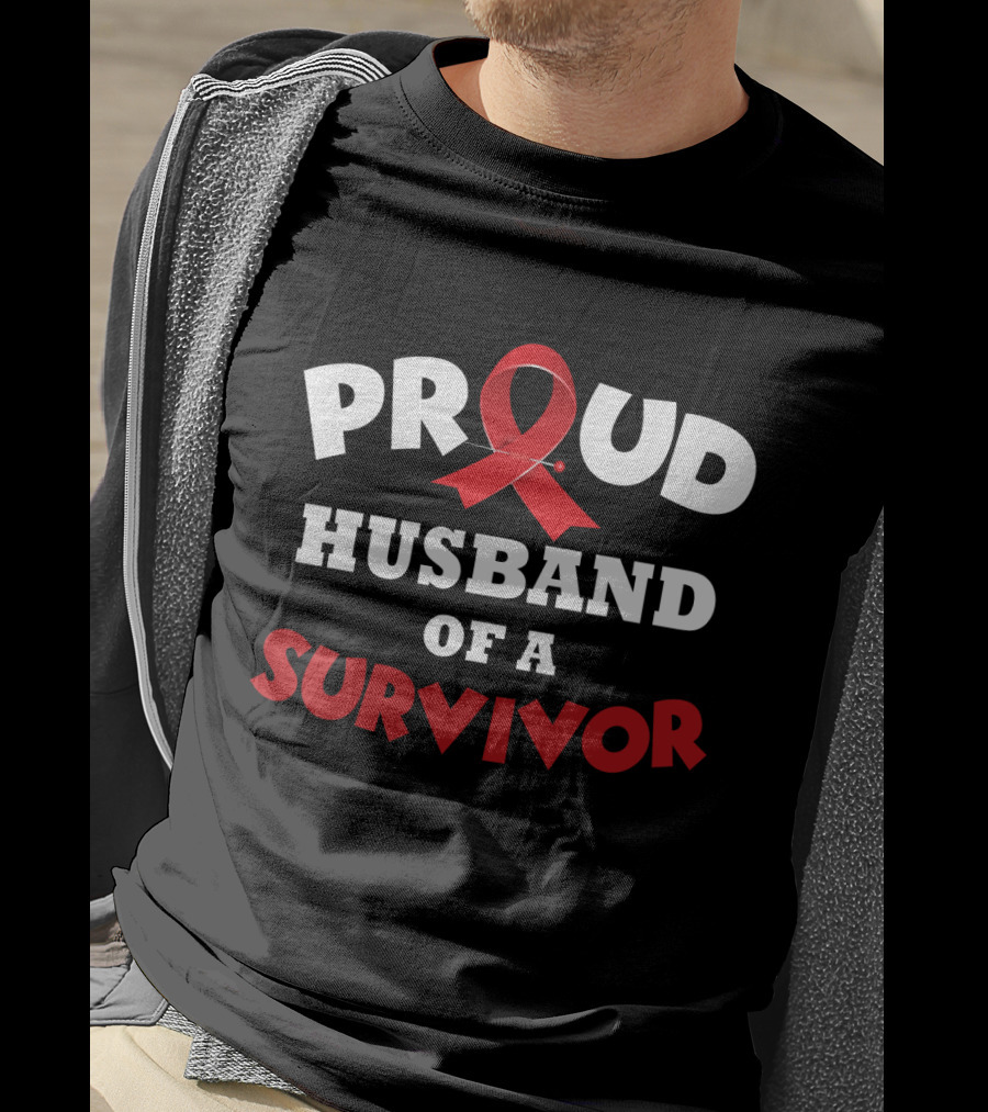 Proud Husband Of A Survivor Red Ribbon Awareness T-Shirt