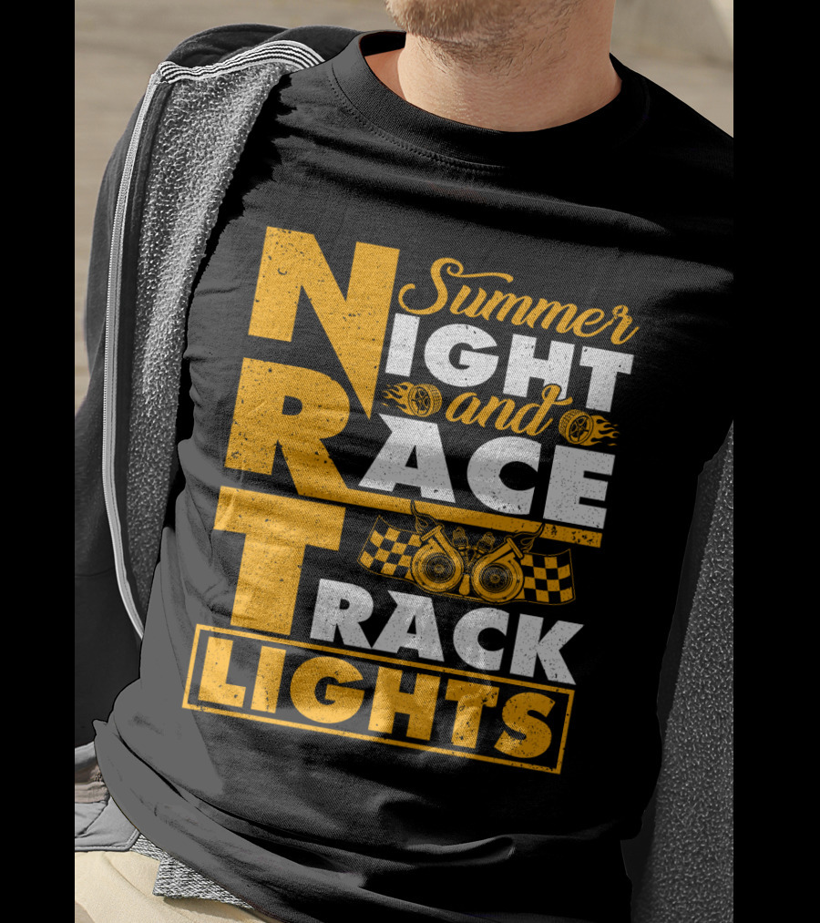 Summer Night And Race Track Lights With Engine And Checkered Flags T-Shirt