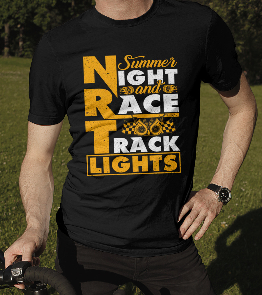 Summer Night And Race Track Lights With Engine And Checkered Flags T-Shirt