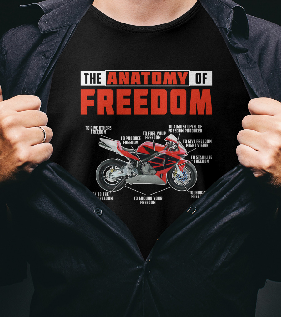 The Anatomy Of Freedom Motorcycle Components: To Give, Produce, Fuel, Adjust, Stabilize, Indicate, Ground, Listen, Vision T-Shirt