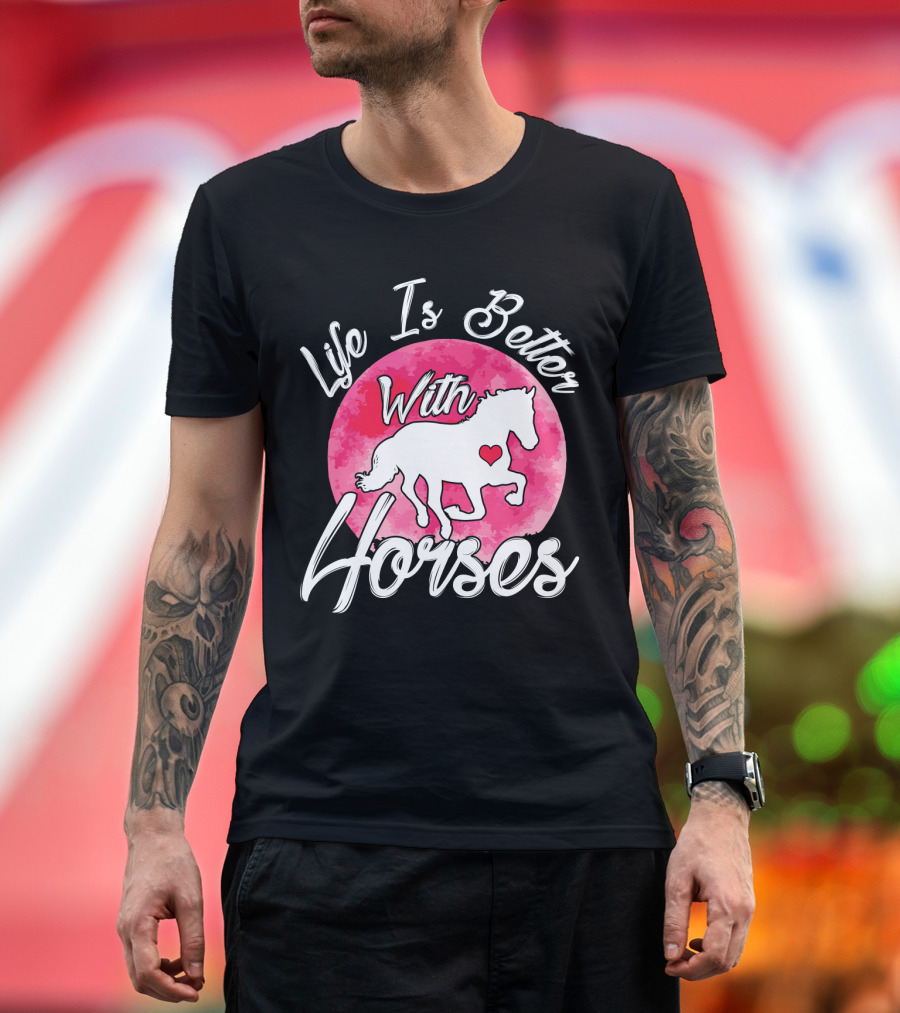 Life Is Better With Horses White Silhouette And Pink Watercolor Circle T-Shirt