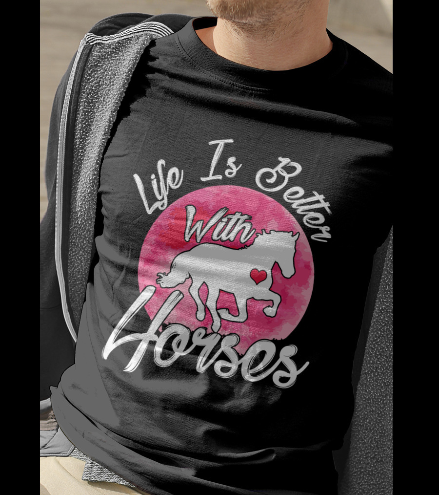 Life Is Better With Horses White Silhouette And Pink Watercolor Circle T-Shirt